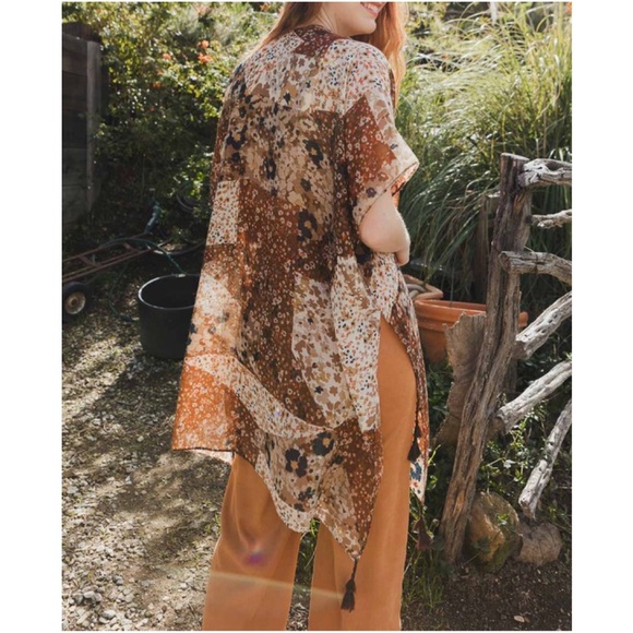 Boho Floral Print Tassel Open Front Light Kimono - Picture 2 of 3